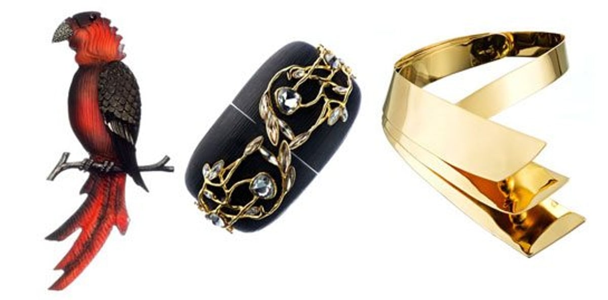 From left: Pin, $488; bracelet, $515; necklace, $537, all at alexisbittar.com