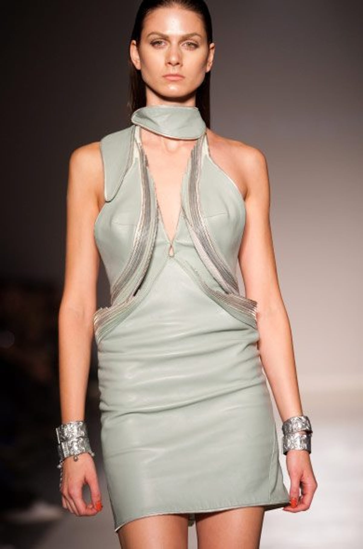 A look from Denis Gagnon's Spring 2010 collection on the runway at Montreal Fashion Week. Photography by Jimmy Hamelin