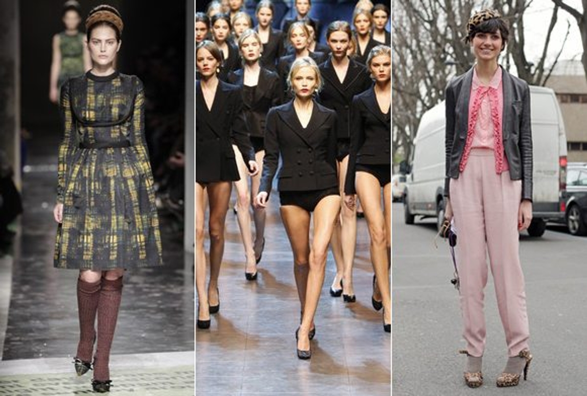 From left: Prada Fall 2010, Dolce & Gabbana Fall 2010, street style snap. Photography by Peter Stigter