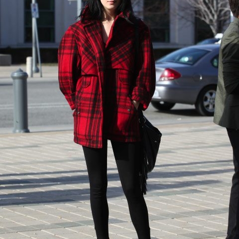Toronto street style: Red shoes, red plaid and blue shorts at the last day of Fashion Week