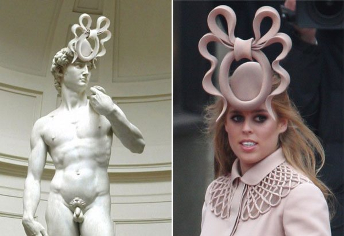 Left: The David gets the royal treatment. Image via Facebook. Right: Princess Beatrice shot by Mike Marsland/Getty Images.