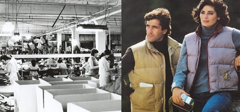 Left, Canada Goose factory, late 1960s. Right, Canada Goose,  1980s.