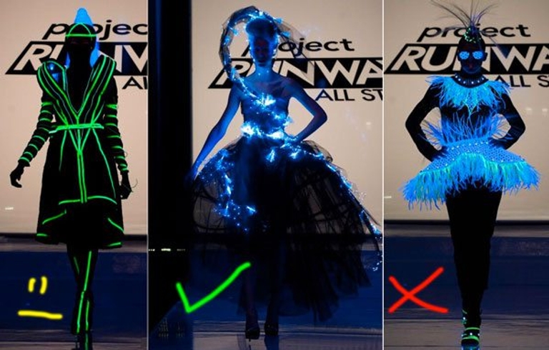 Project Runway All Stars recap: The 5 remaining designers are challenged to turn garbage into black light costumes