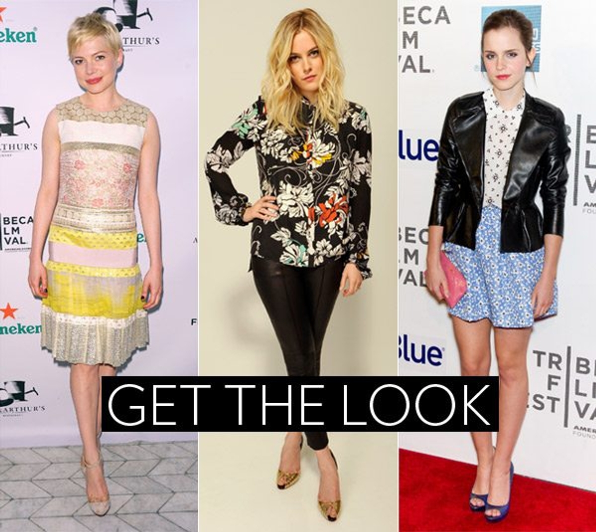 Left: Michelle Williams shot by Michael Loccisano/Getty Images for Heinekin. Middle: Riley Keough shot by Larry Busacca/Getty Images. Right: Emma Watson shot by Gilbert Carrasquillo/FilmMagic