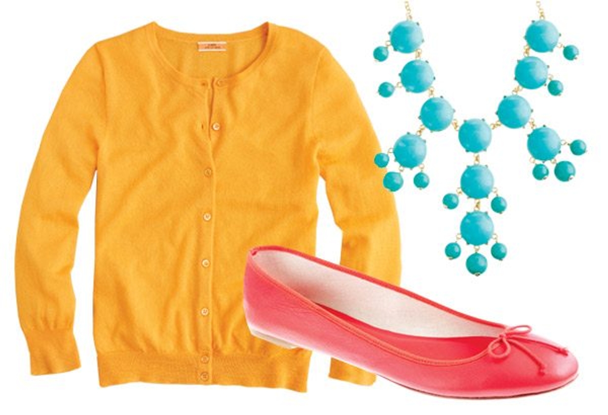 J.crew cardigan $210, necklace $175, and shoes $150