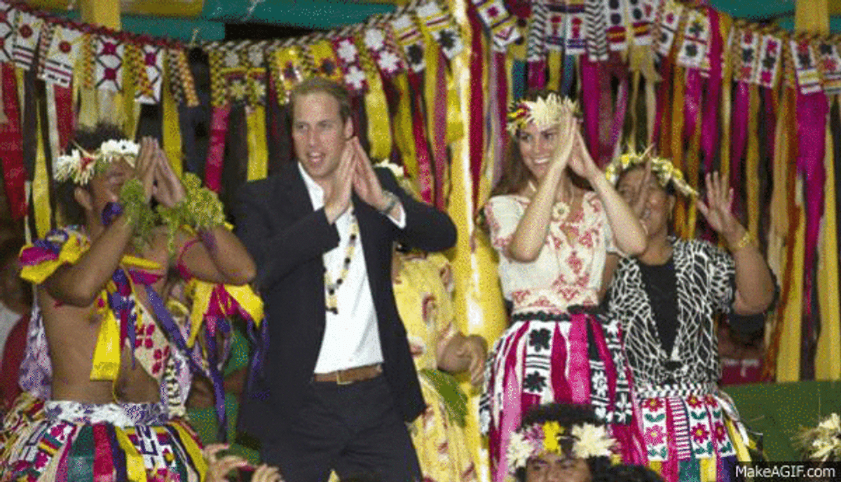 Kate Middleton Prince William Grass Skirt Dancing Animated Gif