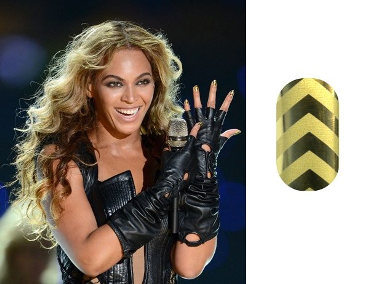 Beyonce Superbowl halftime manicure Minx gold chevron