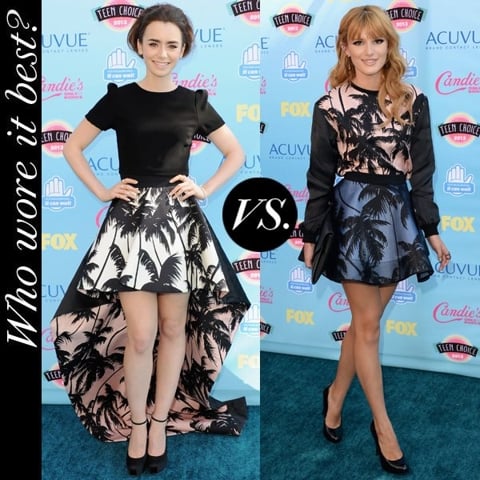 Lily Collins versus Bella Thorne: Who wore the palm tree-print best at the 2013 Teen Choice Awards?