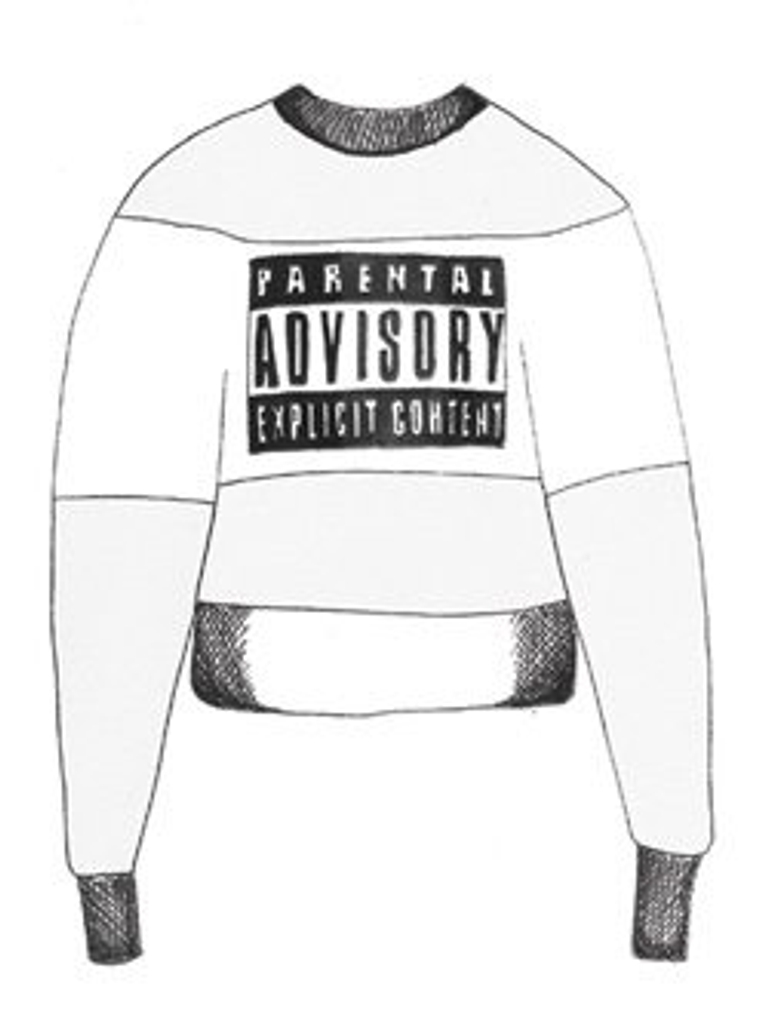 Alexander Wang’s Parental Advisory sweatshirt, sketch by Cecilia Doan of Shit Bloggers Wear