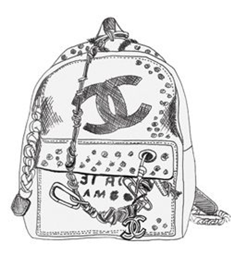 Chanel’s canvas graffiti backpack, sketch by Cecilia Doan of Shit Bloggers Wear