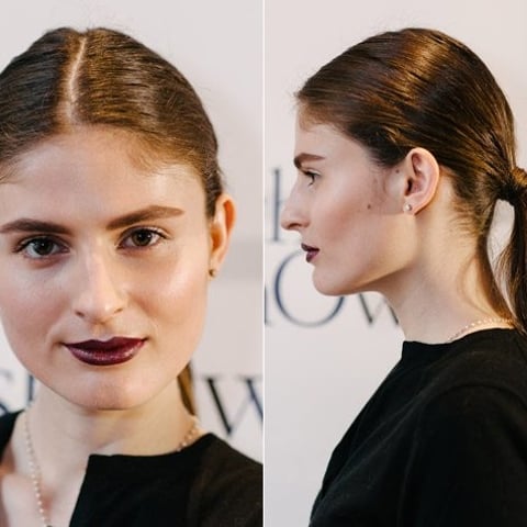 Luminous skin and Lorde-esque dark lips make for a strong beauty look at Bellavance Fall 2014
