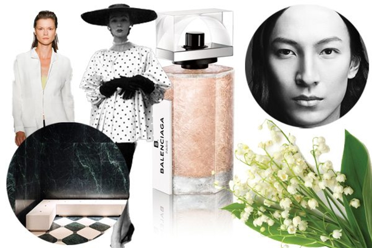 Photography: Wang by Steven Klein, Bottle by Carlo Mendoza, Vintage runway by Gordon Parks/Getty, Lily of the Valley and Edamame by iStock