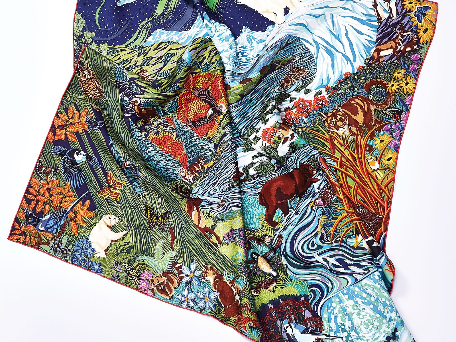 未使用★HERMES★2025現行★コーチング・レリーフ★刺繍★シルクニット Hermès // Blue & Multicolour Silk Into the Canadian Wild 90 Scarf