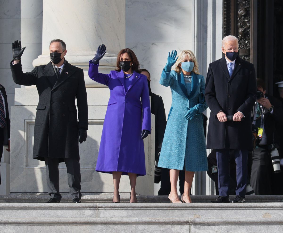 A photo of Doug Emhoff, U.S. Vice President-elect Kamala Harris, Jill Biden and President-elect Joe Biden on Inauguration Day 2021
