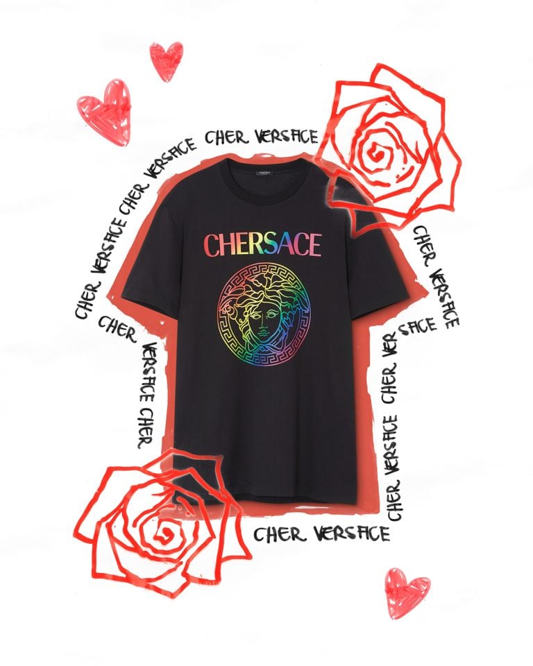 Chersace black t-shirt with rainbow Versace logo and doodles of hearts and roses