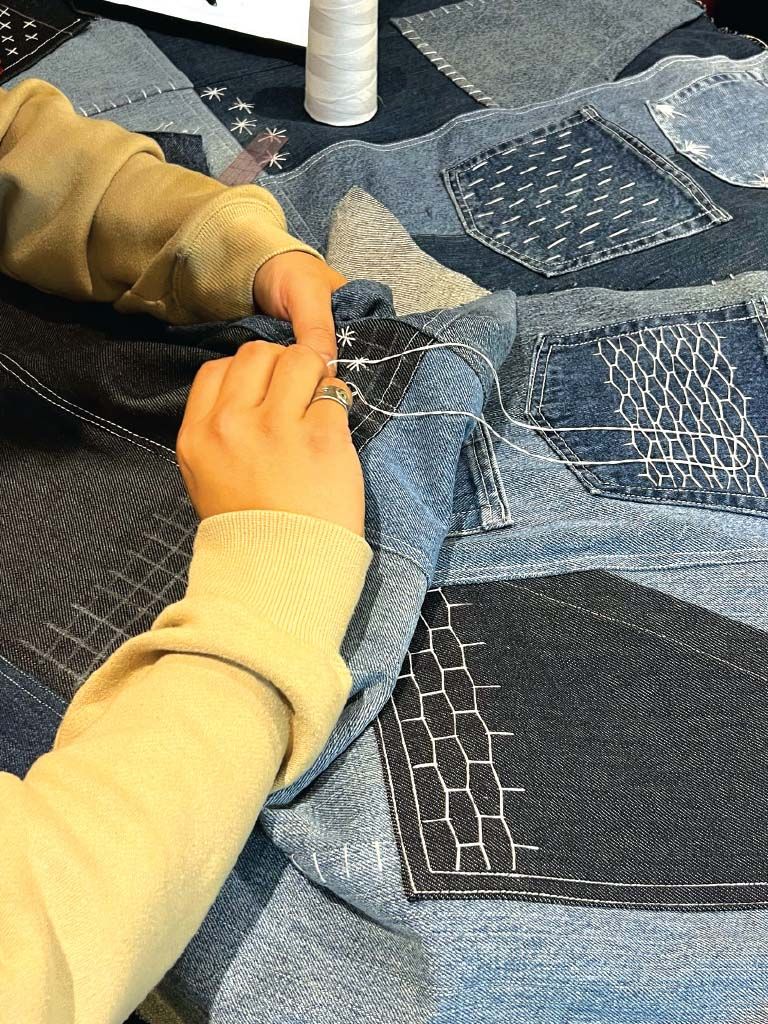 sewing thrifted jeans