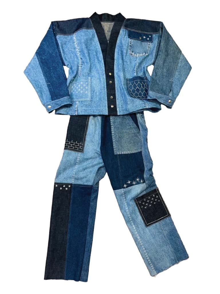 a jean tuxedo made with thrifted denim