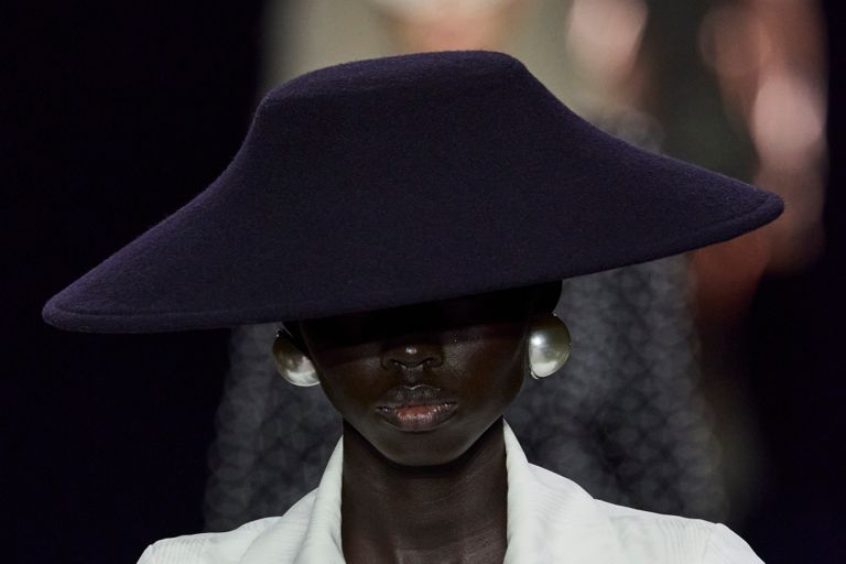 Model at Balmain F23 wearing silver earrings