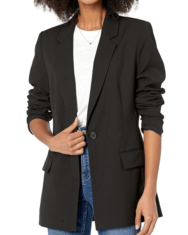 Woman wearing the drop blazer amazon deal days