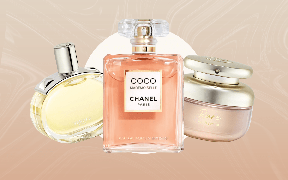 Hermès Barénia Eau de Parfum Intense, Chanel Coco Mademoiselle, Rare Beauty Rare Eau de Parfum over a soft peach background