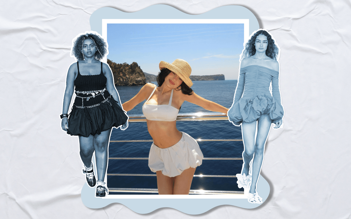 A graphic of runway models and kylie jenner wearing bubble hem outfits