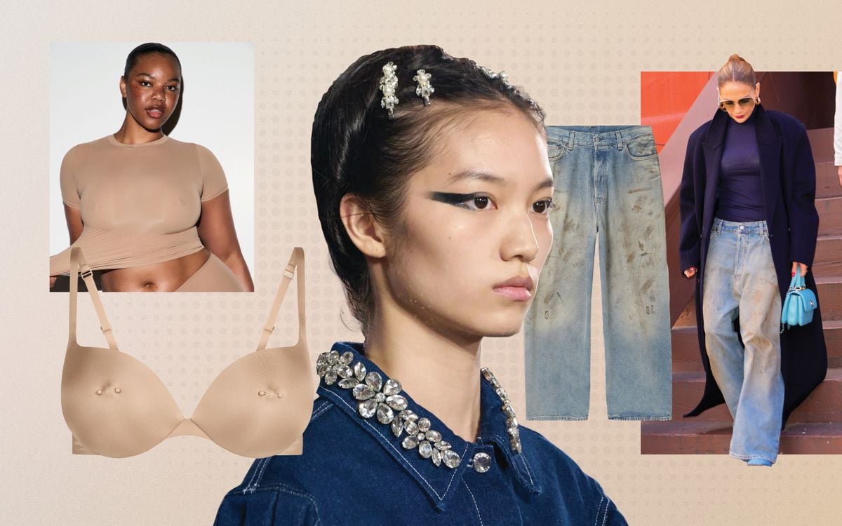 a graphic with skims nipple piercing bra , acne studios jeans, party girl makeup