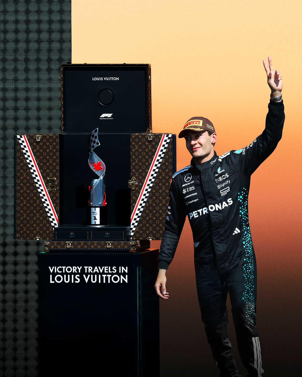 MONTREAL, QUEBEC - JUNE 15: Race winner George Russell of Great Britain and Mercedes AMG Petronas F1 Team celebrates on the podium during the F1 winner Grand Prix of Canada at Circuit Gilles-Villeneuve on June 15, 2025 in Montreal, Quebec.