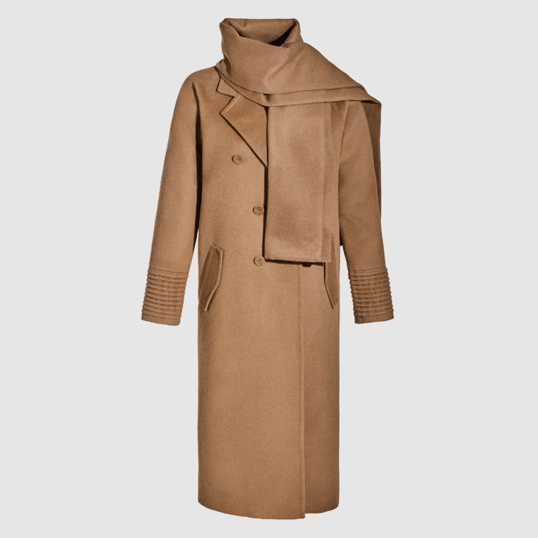 Baby Alpaca Long Double Breasted Coat With Fabric Scarf