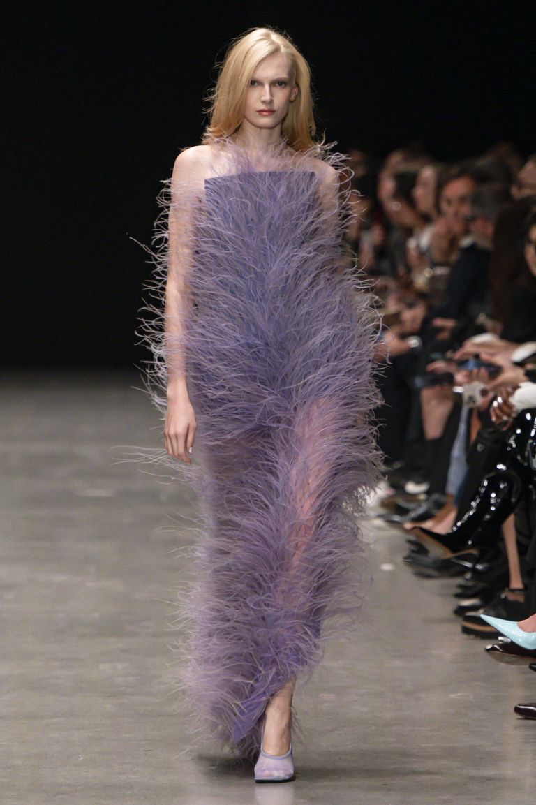 Brands doing sustainability right: Stella McCartney Paris Fashion week 2025 feathered dress.