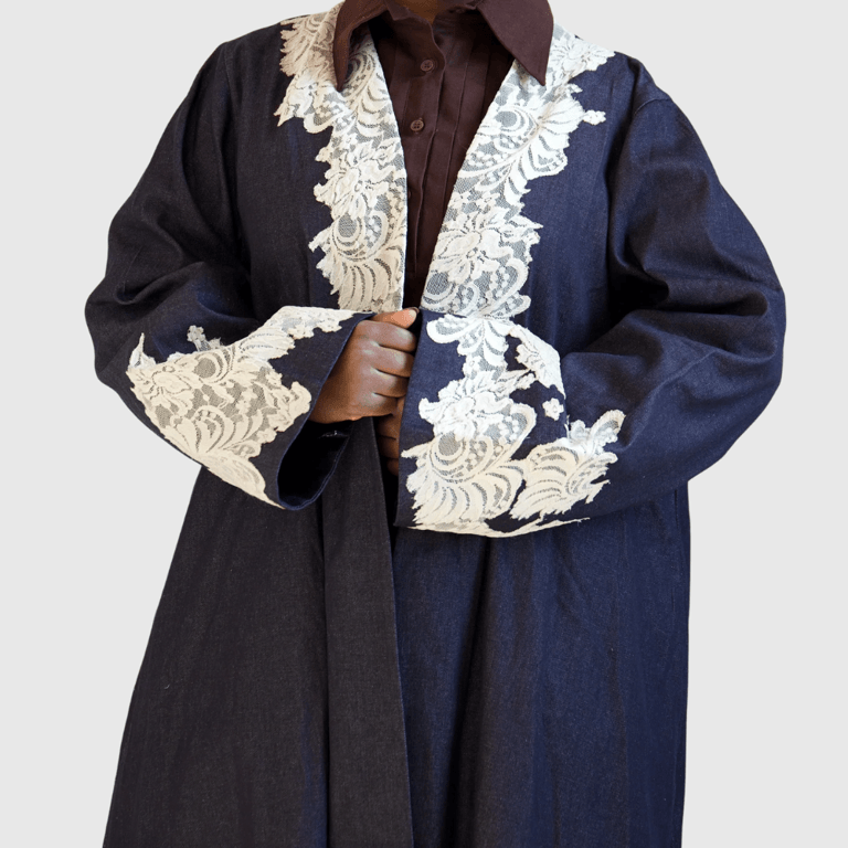 Nokshi Dark Wash Denim Elan Lace Abaya
