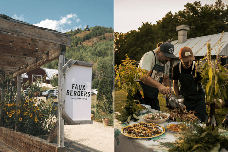 A sign that says "Faux Bergers" is posted in the entrance of a farm. Two chefs serve their meals by the farm.