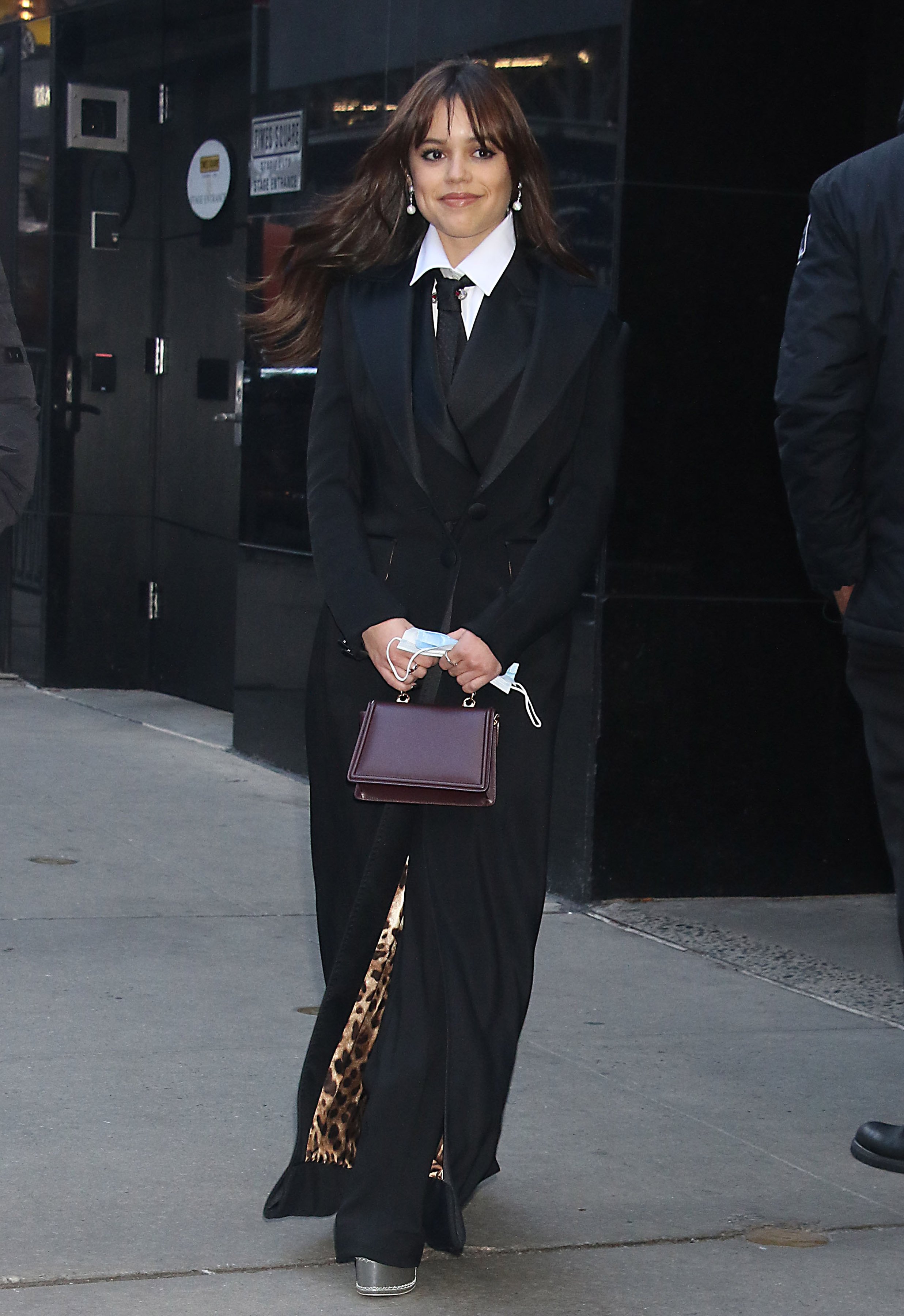 Jenna Ortega wearing tie trend for women Dolce & Gabbana on November 21 in NYC