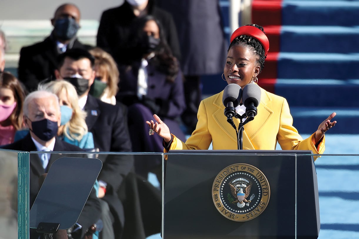 Amanda Gorman performing at the swearing in of President Joe Biden and Vice-President Kamala Harris.