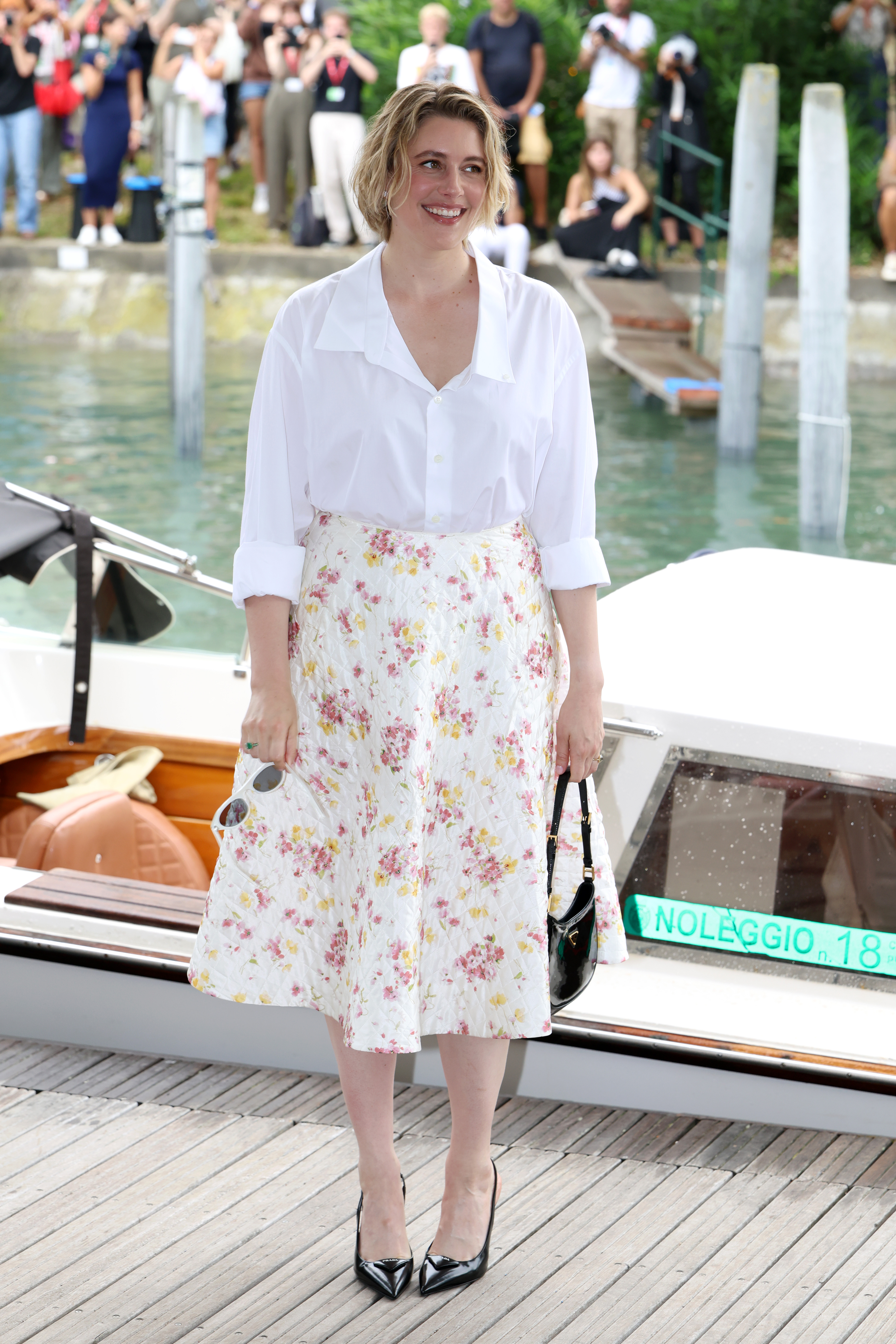 Greta Gerwig arrives at Palazzo del Casinò for the “Jay Kelly” photocall during the 82nd Venice International Film Festival on August 28, 2025 in Venice, Italy.
