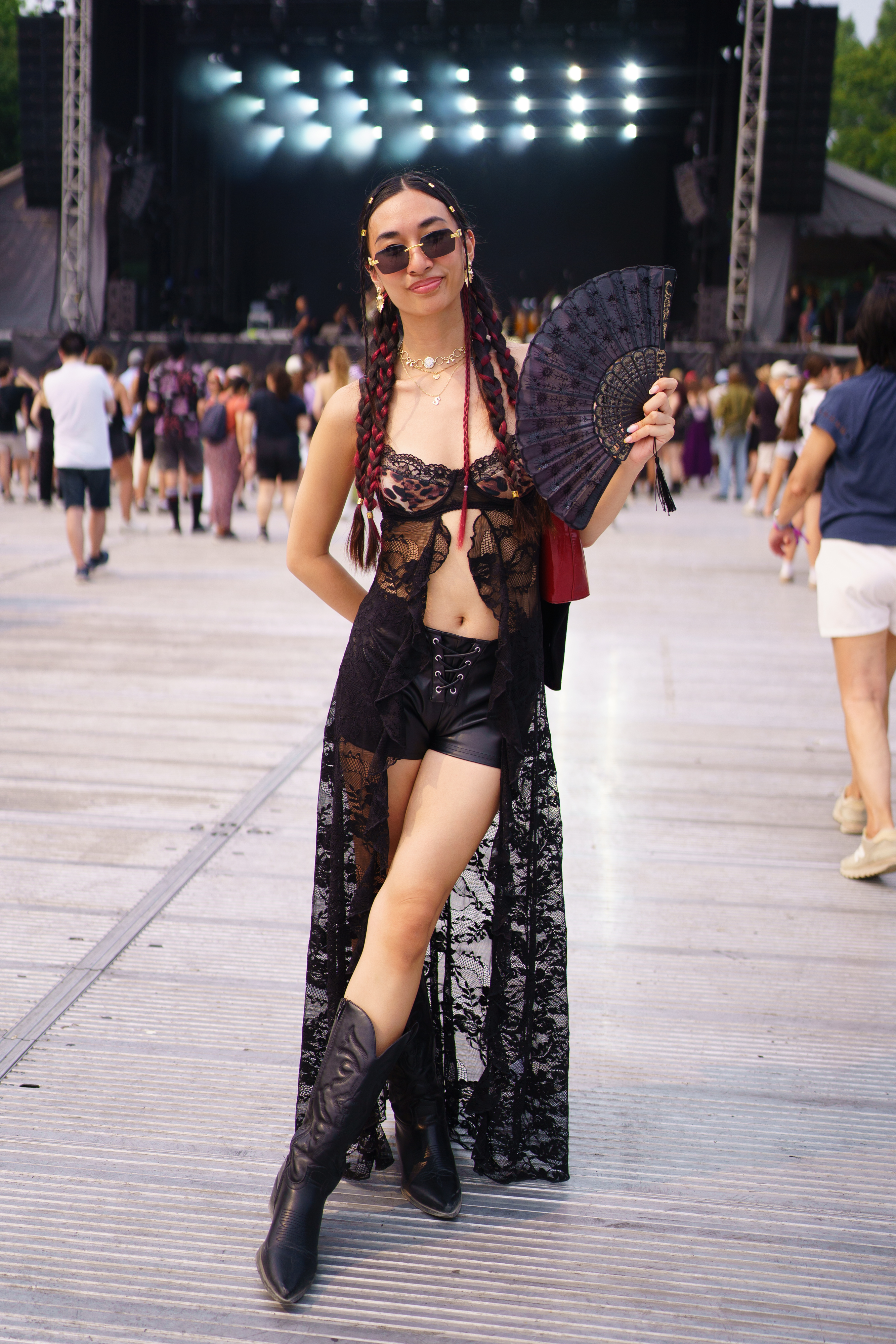 womens summer outfits: leather shorts, Osheaga 2025
