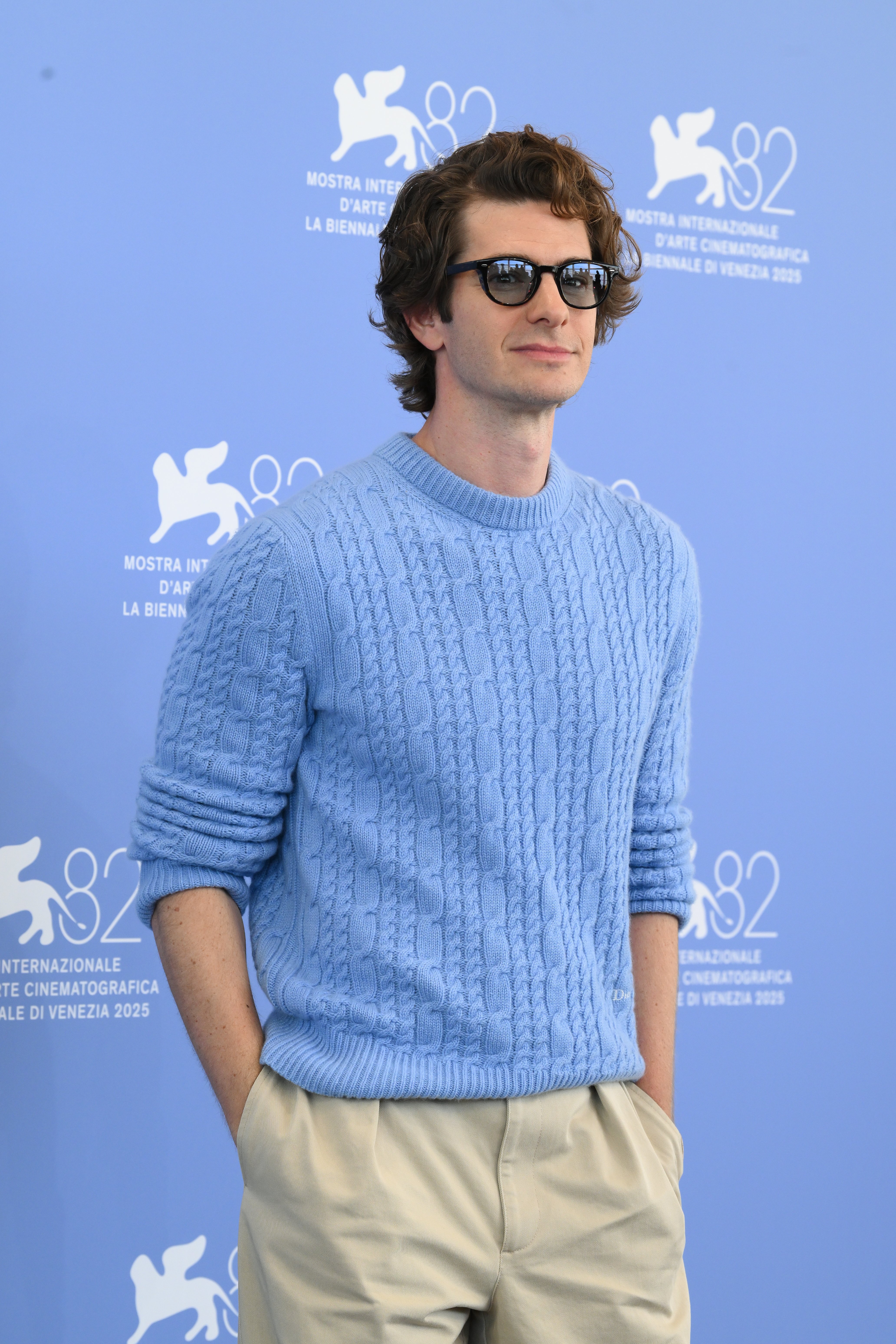 men's fall fashion colour trends: Andrew Garfield in a blue Dior sweater