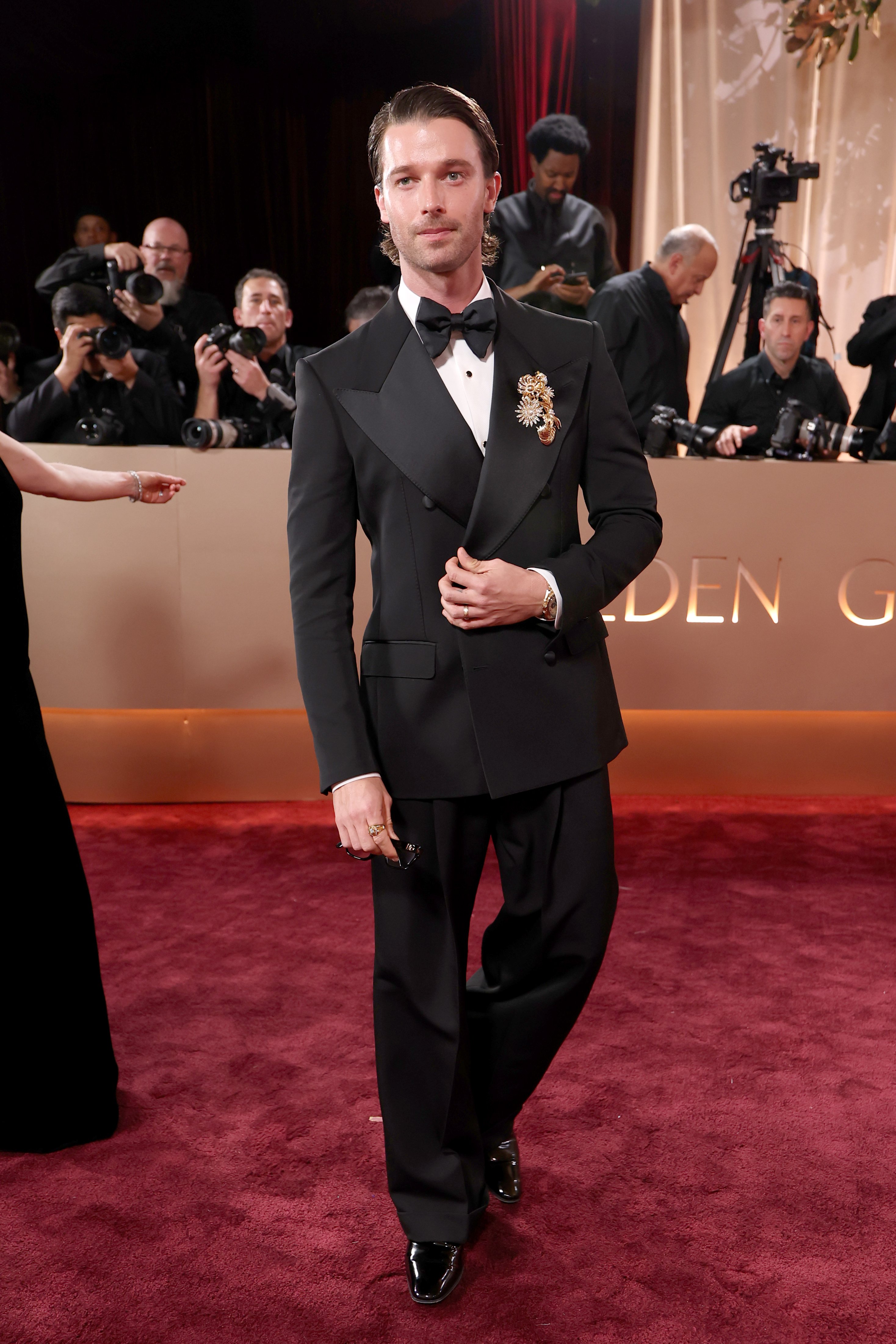 BEVERLY HILLS, CALIFORNIA - JANUARY 11: (FOR EDITORIAL USE ONLY) Patrick Schwarzenegger attends the 83rd annual Golden Globe Awards at The Beverly Hilton on January 11, 2026 in Beverly Hills, California. (Photo by Kevin Mazur/Getty Images)