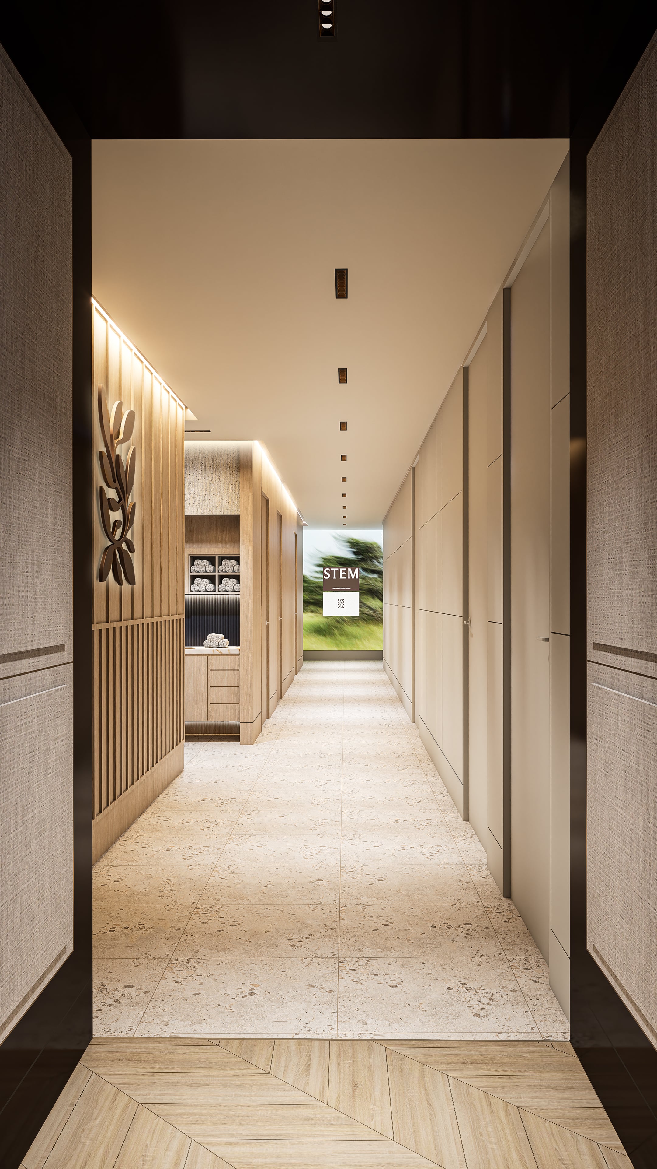 A rendering of a physician's office hallway